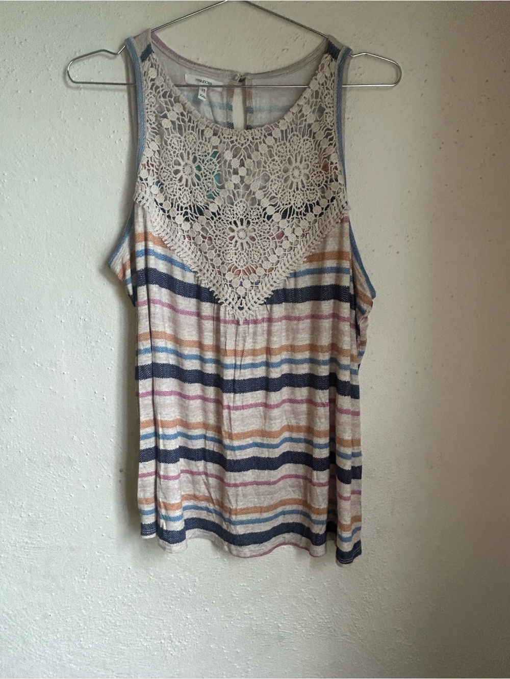 Maurices Neutral Multi-Striped Tank with Crochet Yoke